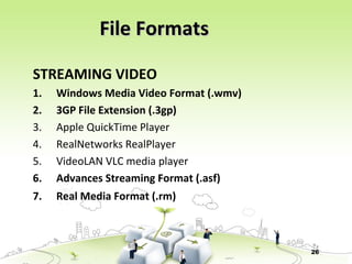 26
STREAMING VIDEO
1. Windows Media Video Format (.wmv)
2. 3GP File Extension (.3gp)
3. Apple QuickTime Player
4. RealNetworks RealPlayer
5. VideoLAN VLC media player
6. Advances Streaming Format (.asf)
7. Real Media Format (.rm)
File FormatsFile Formats
 