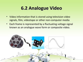 4
6.2 Analogue Video6.2 Analogue Video
• Video information that is stored using television video
signals, film, videotape or other non-computer media
• Each frame is represented by a fluctuating voltage signal
known as an analogue wave form or composite video.
 