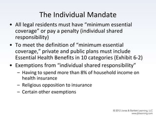 The Individual Mandate
• All legal residents must have “minimum essential
coverage” or pay a penalty (individual shared
responsibility)
• To meet the definition of “minimum essential
coverage,” private and public plans must include
Essential Health Benefits in 10 categories (Exhibit 6-2)
• Exemptions from “individual shared responsibility”
– Having to spend more than 8% of household income on
health insurance
– Religious opposition to insurance
– Certain other exemptions
 