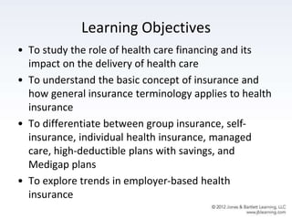 Learning Objectives
• To study the role of health care financing and its
impact on the delivery of health care
• To understand the basic concept of insurance and
how general insurance terminology applies to health
insurance
• To differentiate between group insurance, self-
insurance, individual health insurance, managed
care, high-deductible plans with savings, and
Medigap plans
• To explore trends in employer-based health
insurance
 