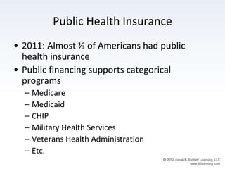 Public Health Insurance
• 2011: Almost ⅓ of Americans had public
health insurance
• Public financing supports categorical
programs
– Medicare
– Medicaid
– CHIP
– Military Health Services
– Veterans Health Administration
– Etc.
 