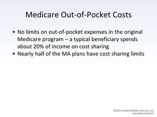 Medicare Out-of-Pocket Costs
• No limits on out-of-pocket expenses in the original
Medicare program – a typical beneficiary spends
about 20% of income on cost sharing
• Nearly half of the MA plans have cost sharing limits
 