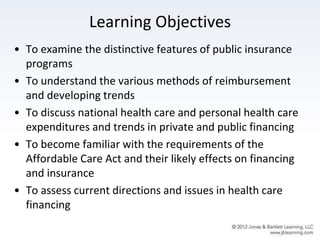 Learning Objectives
• To examine the distinctive features of public insurance
programs
• To understand the various methods of reimbursement
and developing trends
• To discuss national health care and personal health care
expenditures and trends in private and public financing
• To become familiar with the requirements of the
Affordable Care Act and their likely effects on financing
and insurance
• To assess current directions and issues in health care
financing
 