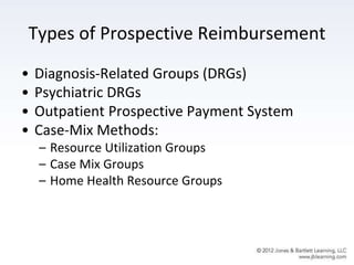 Types of Prospective Reimbursement
• Diagnosis-Related Groups (DRGs)
• Psychiatric DRGs
• Outpatient Prospective Payment System
• Case-Mix Methods:
– Resource Utilization Groups
– Case Mix Groups
– Home Health Resource Groups
 