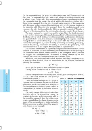 88
IntroductoryMicroeconomics
For the monopoly firm, the above argument expresses itself from the reverse
direction. The monopoly firm’s decision to sell a larger quantity is possible only
at a lower price. Conversely, if the monopoly firm brings a smaller quantity of
the commodity into the market for sale it will be able to sell at a higher price.
Thus, for the monopoly firm, the price depends on the quantity of the commodity
sold. The same is also expressed by stating that price is a decreasing function of
the quantity sold. Thus, for the monopoly firm, the market demand curve
expresses the price that is available for different quantities supplied. This idea is
reflected in the statement that the monopoly firm faces the market demand curve.
The above idea can be viewed from another angle. Since the firm is assumed
to have perfect knowledge of the market demand curve, the monopoly firm can
decide the price at which it wishes to sell its commodity, and therefore, determines
the quantity to be sold. For instance, examining Figure 6.1 again, since the
monopoly firm is aware of the shape of the curve DD, if it wishes to sell the
commodity at the price p0
, it can do so by producing and selling quantity q0
,
since at the price p0
, consumers are willing to purchase the quantity q0
. This
idea is concretised in the slogan: ‘Monopoly firm is a price maker’.
The contrast with the firm in a perfectly competitive market structure should
be clear. In that case, the firm could bring into the market as much quantity of
the commodity as it wished and could sell it at the same price. Since this does
not happen for a monopoly firm, the amount of money received by the firm
through the sale of the commodity has to be examined again.
We do this exercise through a schedule, a graph, and using a simple equation
of a straight line demand curve. As an example, let the demand function be
given by the equation
q = 20 – 2p,
where q is the quantity sold and p is the price in rupees.
The equation can be written in terms of p as
p = 10 – 0.5q
Substituting different values of q from 0 to 13 gives us the prices from 10
to 3.5. These are shown in the q and p
columns of Table 6.1.
These numbers are depicted in a graph in
Figure 6.2 with prices on the vertical axis and
quantities on the horizontal axis. The prices
that are available for different quantities of the
commodity are shown by the solid straight
line D.
The total revenue (TR) received by the firm
from the sale of the commodity equals the
product of the price and the quantity sold. In
the case of the monopoly firm, the total revenue
is not a straight line. Its shape depends on the
shape of the demand curve. Mathematically,
TR is represented as a function of the quantity
sold. Hence, in our example
TR = p × q
= (10 – 0.5q) × q
= 10q – 0.5q2
q p TR AR MR
0 10 0 – –
1 9.5 9.5 9.5 9.5
2 9 18 9 8.5
3 8.5 25.5 8.5 7.5
4 8 32 8 6.5
5 7.5 37.5 7.5 5.5
6 7 42 7 4.5
7 6.5 45.5 6.5 3.5
8 6 48 6 2.5
9 5.5 49.5 5.5 1.5
10 5 50 5 0.5
11 4.5 49.5 4.5 -0.5
12 4 48 4 -1.5
13 3.5 45.5 3.5 -2.5
Table 6.1: Prices and Revenue
 