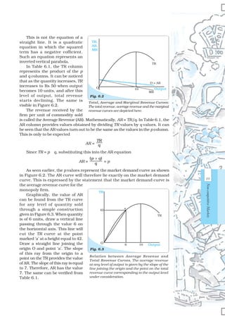 89
Non-competitiveMarkets
This is not the equation of a
straight line. It is a quadratic
equation in which the squared
term has a negative cofficient.
Such an equation represents an
inverted vertical parabola.
In Table 6.1, the TR column
represents the product of the p
and q columns. It can be noticed
that as the quantity increases, TR
increases to Rs 50 when output
becomes 10 units, and after this
level of output, total revenue
starts declining. The same is
visible in Figure 6.2.
The revenue received by the
firm per unit of commodity sold
is called the Average Revenue (AR). Mathematically, AR = TR/q. In Table 6.1, the
AR column provides values obtained by dividing TR values by q values. It can
be seen that the AR values turn out to be the same as the values in the p column.
This is only to be expected
AR =
TR
q
Since TR = p × q, substituting this into the AR equation
AR =
( )p q
q
×
= p
As seen earlier, the p values represent the market demand curve as shown
in Figure 6.2. The AR curve will therefore lie exactly on the market demand
curve. This is expressed by the statement that the market demand curve is
the average revenue curve for the
monopoly firm.
Graphically, the value of AR
can be found from the TR curve
for any level of quantity sold
through a simple construction
given in Figure 6.3. When quantity
is of 6 units, draw a vertical line
passing through the value 6 on
the horizontal axis. This line will
cut the TR curve at the point
marked ‘a’ at a height equal to 42.
Draw a straight line joining the
origin O and point ‘a’. The slope
of this ray from the origin to a
point on the TR provides the value
of AR. The slope of this ray is equal
to 7. Therefore, AR has the value
7. The same can be verified from
Table 6.1.
Relation between Average Revenue and
Total Revenue Curves. The average revenue
at any level of output is given by the slope of the
line joining the origin and the point on the total
revenue curve corresponding to the output level
under consideration.
Total, Average and Marginal Revenue Curves:
The total revenue, average revenue and the marginal
revenue curves are depicted here.
Fig. 6.2
TR,
AR,
MR
OutputO 10
MR
D = AR
TR
 