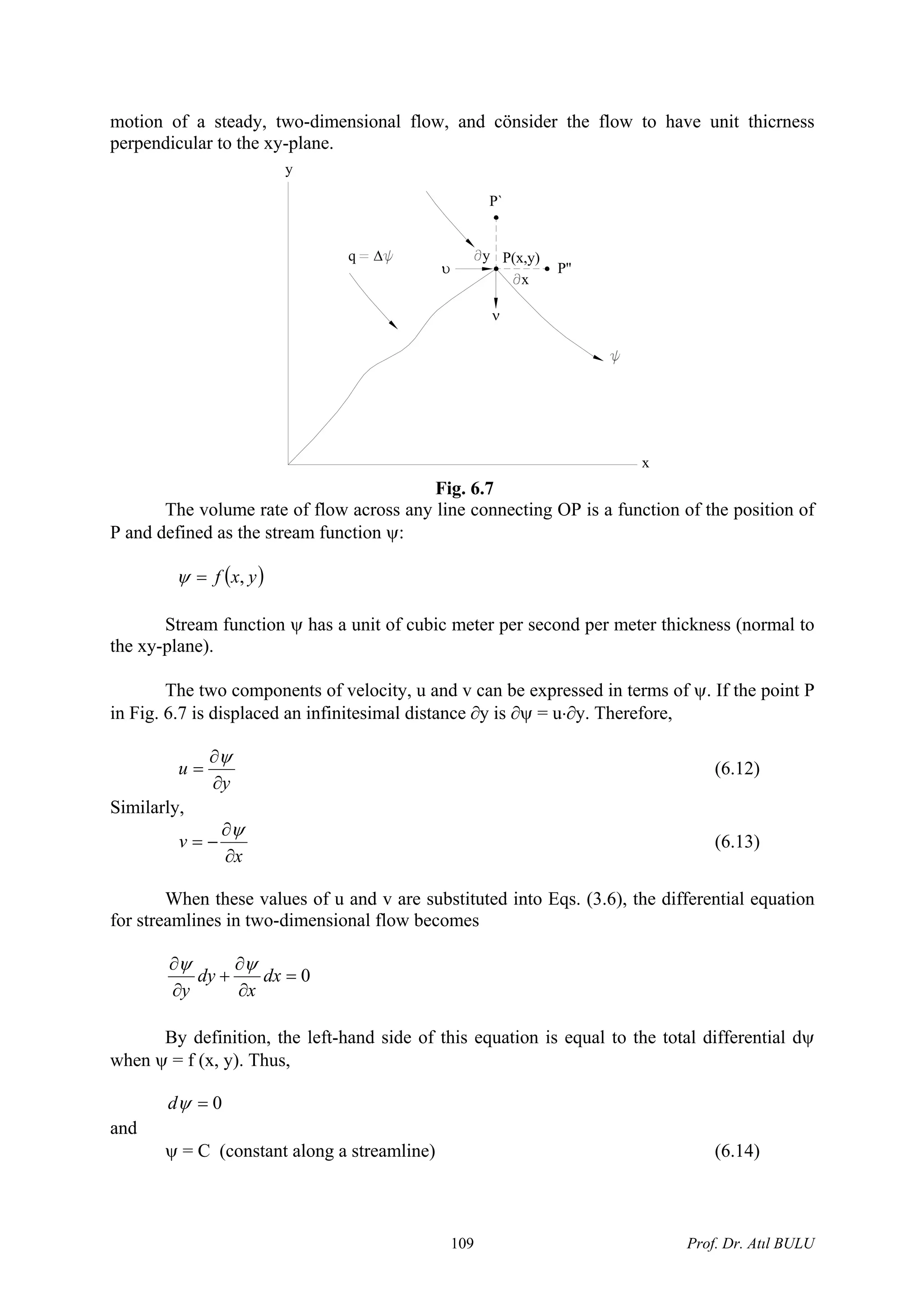 motion of a steady, tw have unit thicrness
perpendicular to the xy-plane.
o-dimensional flow, and cönsider the flow to
υ
ν
P''
P`
y P(x,y)
x
q Δ
y
x
Fig. 6.7
The volume rate of flow across any line connecting OP is a function of the position of
function ψ:P and defined as the stream
( )yxf ,=ψ
Stream function ψ has a unit of cubic meter per second per meter thickness (normal to
the xy-
The two components of velocity, u and v can be expressed in terms of ψ. If the point P
in Fig. 6.7 is f itesim l distance ∂y is ∂ψ = u⋅∂y. Therefore,
plane).
displaced an in in a
y∂
∂
=
ψ
u (6.12)
Similarly,
x
v
∂
−=
∂ψ
(6.13)
W en these values of u and v are substituted into Eqs. (3.6), the differential equation
for stream es
h
lines in two-dimensional flow becom
0=
∂
+
∂
dxdy
ψ ψ
∂∂ xy
By definition, the left-hand side of this equation is equal to the total differential dψ
when = f (x, y). Thus,ψ
0=ψd
and
ψ = C (constant along a streamline) (6.14)
Prof. Dr. Atıl BULU109
 