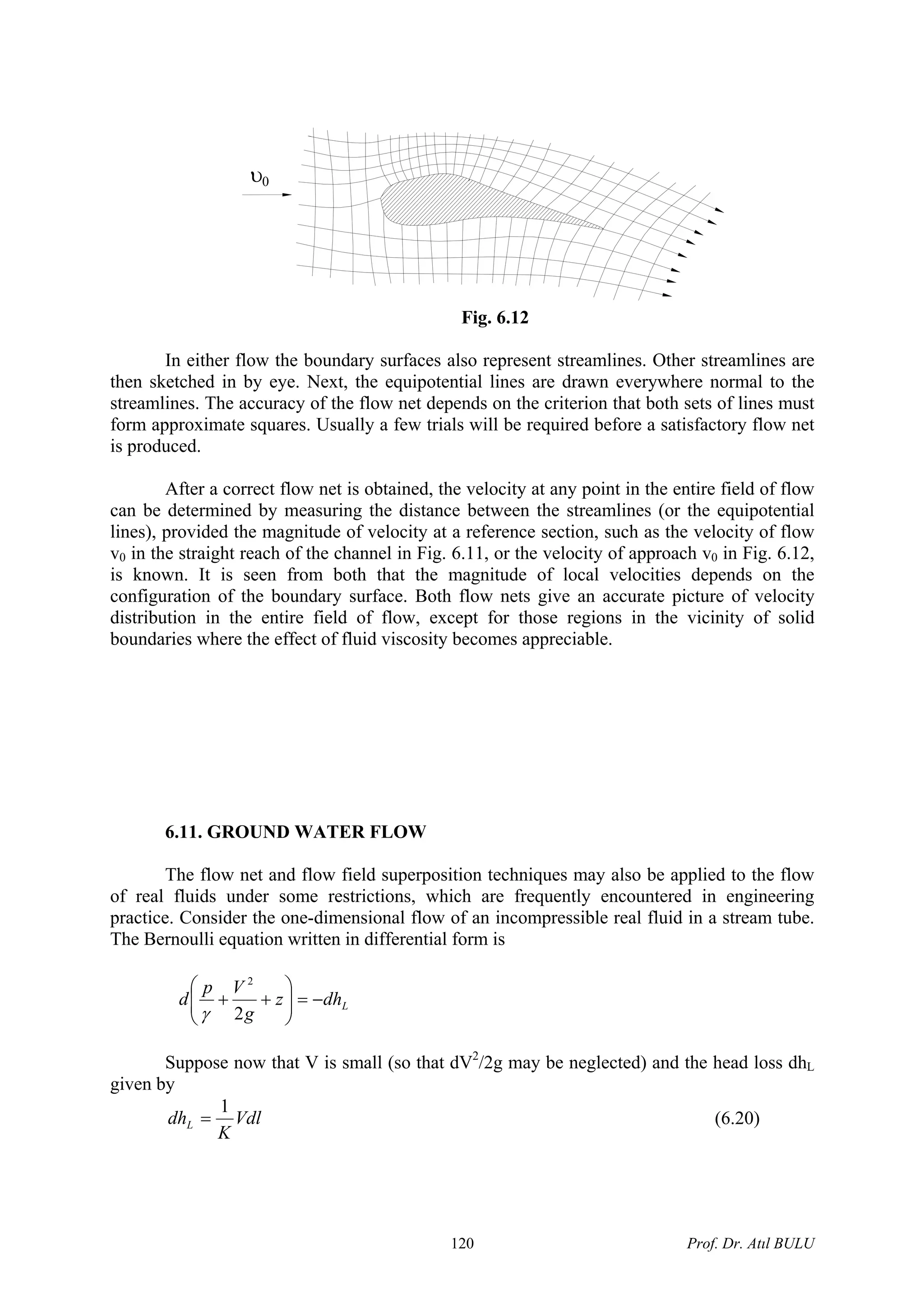 0υ
Fig. 6.12
In either flow the boundary surfaces also represent streamlines. Other streamlines are
then sketched in by eye. Next, the equipotential lines are drawn everywhere normal to the
streamlines. The accuracy of the flow net depends on the criterion that both sets of lines must
form approximate squares. Usually a few trials will be required before a satisfactory flow net
is produced.
After a correct flow net is obtained, the velocity at any point in the entire field of flow
can be determined by measuring the distance between the streamlines (or the equipotential
lines), provided the magnitude of velocity at a reference section, such as the velocity of flow
v0 in the straight reach of the channel in Fig. 6.11, or the velocity of approach v0 in Fig. 6.12,
is known. It is seen from both that the magnitude of local velocities depends on the
configuration of the boundary surface. Both flow nets give an accurate picture of velocity
distribution in the entire field of flow, except for those regions in the vicinity of solid
boundaries where the effect of fluid viscosity becomes appreciable.
6.11. GROUND WATER FLOW
The flow net and flow field superposition techniques may also be applied to the flow
of real fluids under some restrictions, which are frequently encountered in engineering
practice. Consider the one-dimensional flow of an incompressible real fluid in a stream tube.
The Bernoulli equation written in differential form is
Ldhz
g
Vp
d −=⎟⎟
⎠
⎞
⎜⎜
⎝
⎛
++
2
2
γ
Suppose now that V is small (so that dV2
/2g may be neglected) and the head loss dhL
given by
Vdl
K
dhL
1
= (6.20)
Prof. Dr. Atıl BULU120
 