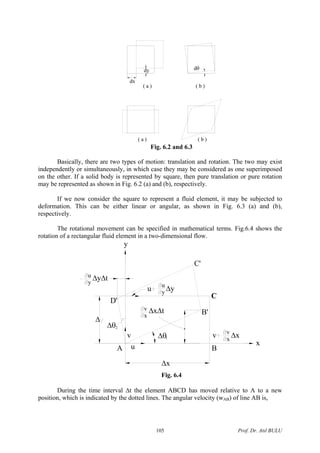 dy
dx
dθ
( a )
( b )( a )
( b )
Fig. 6.2 and 6.3
Basically, there are two types of motion: translation and rotation. The two may exist
independently or simultaneously, in which case they may be considered as one superimposed
on the other. If a solid body is represented by square, then pure translation or pure rotation
may be represented as shown in Fig. 6.2 (a) and (b), respectively.
If we now consider the square to represent a fluid element, it may be subjected to
deformation. This can be either linear or angular, as shown in Fig. 6.3 (a) and (b),
respectively.
The rotational movement can be specified in mathematical terms. Fig.6.4 shows the
rotation of a rectangular fluid element in a two-dimensional flow.
ΔxΔt
Δx
v v Δxv
xΔθ1
uA B
2Δθ
D'
Δ
ΔyΔtu
y
C'
B'
u Δyu
y
v
x
y
x
C
Fig. 6.4
During the time interval Δt the element ABCD has moved relative to A to a new
position, which is indicated by the dotted lines. The angular velocity (wAB) of line AB is,
Prof. Dr. Atıl BULU105
 