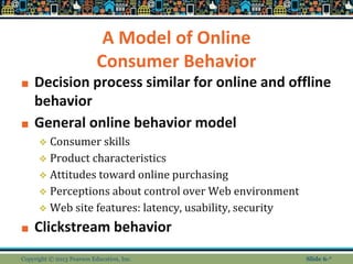 A Model of Online
Consumer Behavior
■ Decision process similar for online and offline
behavior
■ General online behavior model
❖ Consumer skills
❖ Product characteristics
❖ Attitudes toward online purchasing
❖ Perceptions about control over Web environment
❖ Web site features: latency, usability, security
■ Clickstream behavior
Copyright © 2013 Pearson Education, Inc. Slide 6-*
 