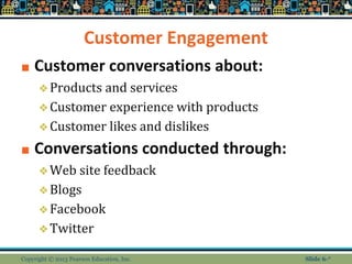 Customer Engagement
■ Customer conversations about:
❖Products and services
❖Customer experience with products
❖Customer likes and dislikes
■ Conversations conducted through:
❖Web site feedback
❖Blogs
❖Facebook
❖Twitter
Copyright © 2013 Pearson Education, Inc. Slide 6-*
 