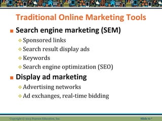 Traditional Online Marketing Tools
■ Search engine marketing (SEM)
❖Sponsored links
❖Search result display ads
❖Keywords
❖Search engine optimization (SEO)
■ Display ad marketing
❖Advertising networks
❖Ad exchanges, real-time bidding
Copyright © 2013 Pearson Education, Inc. Slide 6-*
 