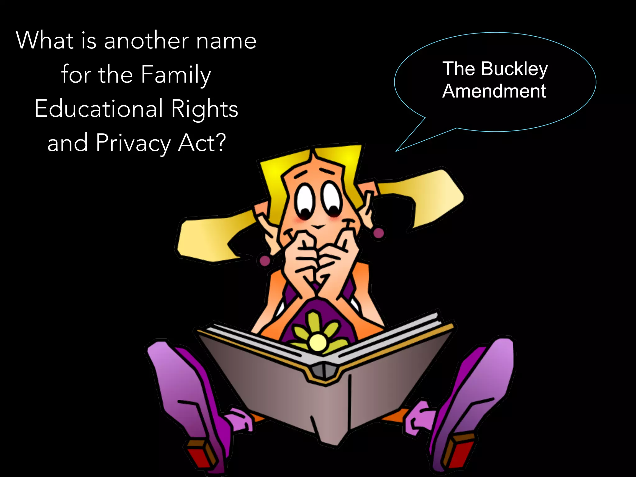 What is another name
for the Family
Educational Rights
and Privacy Act?
The Buckley
Amendment
 