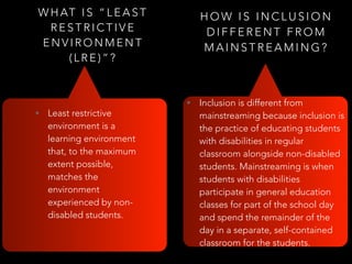 W H AT I S “ L E A S T
R E S T R I C T I V E
E N V I R O N M E N T
( L R E ) ” ?
• Least restrictive
environment is a
learning environment
that, to the maximum
extent possible,
matches the
environment
experienced by non-
disabled students.
H O W I S I N C L U S I O N
D I F F E R E N T F R O M
M A I N S T R E A M I N G ?
• Inclusion is different from
mainstreaming because inclusion is
the practice of educating students
with disabilities in regular
classroom alongside non-disabled
students. Mainstreaming is when
students with disabilities
participate in general education
classes for part of the school day
and spend the remainder of the
day in a separate, self-contained
classroom for the students.
 