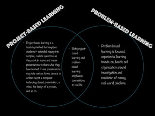 Project-based learning Problem-based learning• Project based learning is a
teaching method that engages
students in extended inquiry into
complex, realistic questions as
they work in teams and create
presentations to share what they
have learned. These presentations
may take various forms: an oral or
written report, a computer-
technology-based presentation, a
video, the design of a product,
and so on.
• Problem based
learning is focused,
experiential learning
(minds-on, hands-on)
organization around
investigation and
resolution of messy,
real-world problems
• Both project-
based
learning and
problem-
based
learning
emphasize
connections
to real life.
 