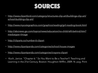 • http://www.clipartlord.com/category/structures-clip-art/buildings-clip-art/
school-building-clip-art/
• http://www.mycutegraphics.com/graphics/reading/girl-reading-book.html
• http://abcnews.go.com/topics/news/education/no-child-left-behind.htm?
mediatype=Image
• http://cliparts.co/number-6-clipart
• http://www.clipartpanda.com/categories/school-house-images
• http://www.clipartpanda.com/categories/crayons-clipart
• Koch, Janice. "Chapter 6." So You Want to Be a Teacher?: Teaching and
Learning in the 21st Century. Boston: Houghton Mifflin, 2009. N. pag. Print
Sources
 