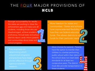 T H E F O U R M A J O R P R O V I S I O N S O F
N C L B
• More freedom for states and
communities - States and schools
have unprecedented flexibility in
how they use federal education
funds. This allows districts to use
funds for their particular needs.
• Stronger accountability for results -
the states are working to close the
achievement gap and make sure all
students, including those who are
disadvantaged, achieve academic
proficiency. Annual state and school
districts report cards inform parents
and communities about state and
school progress.
• More choices for parents - Parents
have the option to transfer their
children to a better-performing
public school within their district if
the school does not meet state
standards for at least two
consecutive years. The district
must also provide transportation to
these students.
• Puts emphasis on
determining which
educational programs
and practices have been
proven effective through
rigorous scientific
research.
 