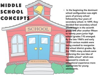 M I D D L E
SC H O O L
CO N C E P T S
• In the beginning the dominant
school conﬁguration was eight
years of primary school
followed by four years of
secondary school. In 1899, they
decided that secondary school
should begin in the seventh
grade and after another ﬁfteen
to twenty years junior high
school (grades 7-9) emerged.
By the late 1960’s and early
1970’s various models were
being created to reorganize
the school district grades. By
the 1980’s many schools were
endorsing the new idea of
“middle school” which was
supposed to create an
educational experience more
appropriate for young
adolescents.
 