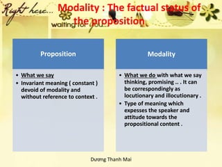 Modality : The factual status of
the proposition
Proposition
• What we say
• Invariant meaning ( constant )
devoid of modality and
without reference to context .
Modality
• What we do with what we say
thinking, promising .. . It can
be correspondingly as
locutionary and illocutionary .
• Type of meaning which
expesses the speaker and
attitude towards the
propositional content .
Dương Thanh Mai
 