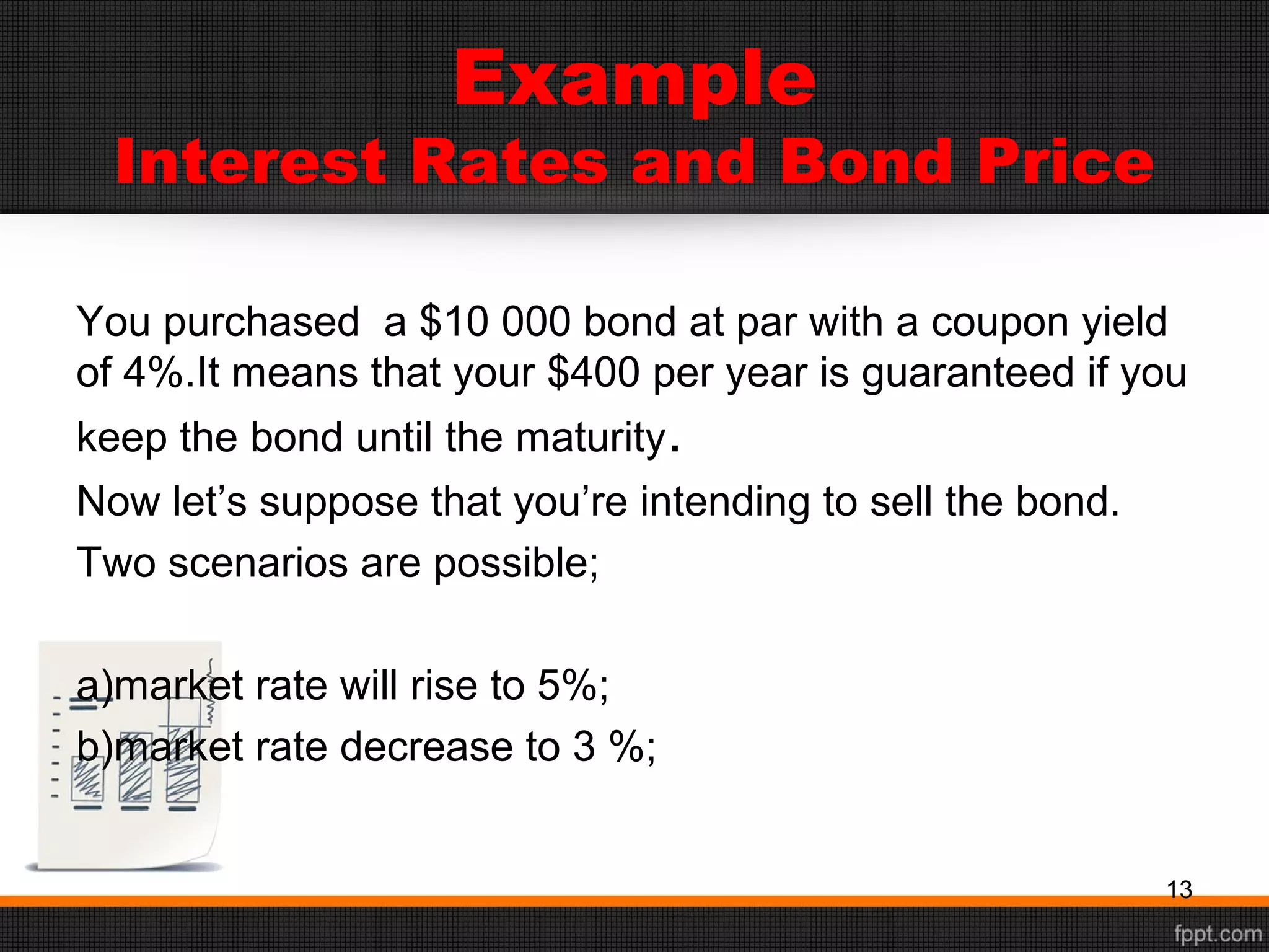 Example
Interest Rates and Bond Price
You purchased a $10 000 bond at par with a coupon yield
of 4%.It means that your $400 per year is guaranteed if you
keep the bond until the maturity.
Now let’s suppose that you’re intending to sell the bond.
Two scenarios are possible;
a)market rate will rise to 5%;
b)market rate decrease to 3 %;
13
 