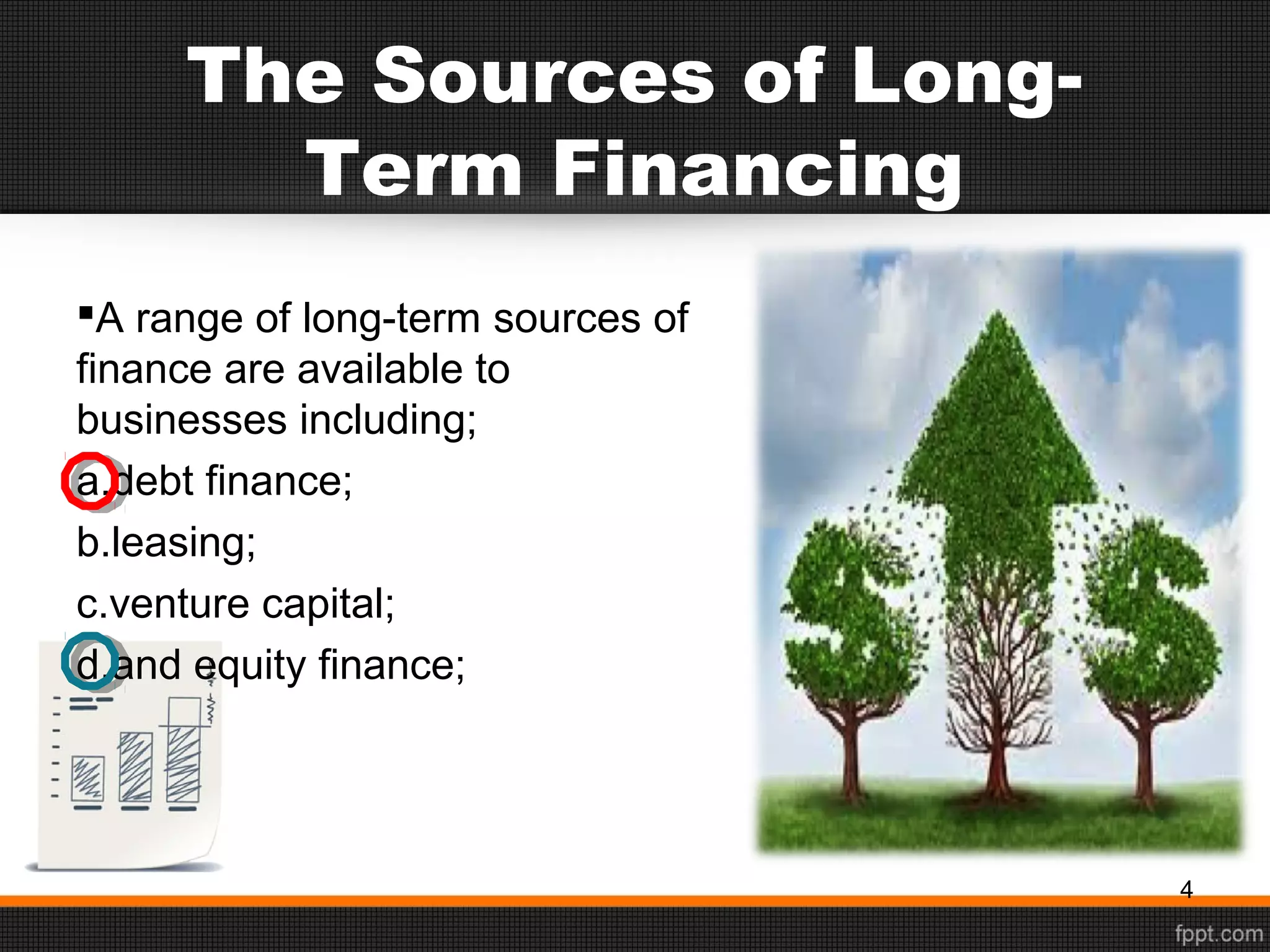 The Sources of Long-
Term Financing
A range of long-term sources of
finance are available to
businesses including;
a.debt finance;
b.leasing;
c.venture capital;
d.and equity finance;
4
 