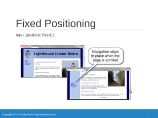 Copyright © Terry Felke-Morris http://terrymorris.net
Fixed Positioning
nav { position: fixed; }
24
 