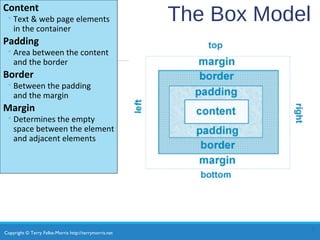 Copyright © Terry Felke-Morris http://terrymorris.net
The Box ModelContent
◦Text & web page elements
in the container
Padding
◦Area between the content
and the border
Border
◦Between the padding
and the margin
Margin
◦Determines the empty
space between the element
and adjacent elements
3
 
