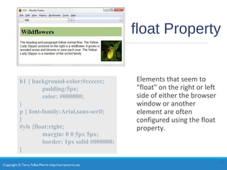 Copyright © Terry Felke-Morris http://terrymorris.net
h1 { background-color:#cccccc;
padding:5px;
color: #000000;
}
p { font-family:Arial,sans-serif;
}
#yls {float:right;
margin: 0 0 5px 5px;
border: 1px solid #000000;
}
float Property
Elements that seem to
“float" on the right or left
side of either the browser
window or another
element are often
configured using the float
property.
9
 