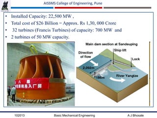 102013 Basic Mechanical Engineering A J Bhosale
AISSMS College of Engineering, Pune
• Installed Capacity: 22,500 MW ,
• Total cost of $26 Billion = Approx. Rs 1,30, 000 Crore
• 32 turbines (Francis Turbines) of capacity: 700 MW and
• 2 turbines of 50 MW capacity.
 