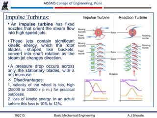 102013 Basic Mechanical Engineering A J Bhosale
AISSMS College of Engineering, Pune
Impulse Turbines:
• An impulse turbine has fixed
nozzles that orient the steam flow
into high speed jets.
• These jets contain significant
kinetic energy, which the rotor
blades, shaped like buckets,
convert into shaft rotation as the
steam jet changes direction.
• A pressure drop occurs across
only the stationary blades, with a
net increase
 Disadvantages:
1. velocity of the wheel is too, high
(25000 to 30000 r p m.) for practical
purposes.
2. loss of kinetic energy. In an actual
turbine this loss is 10% to 12%.
 