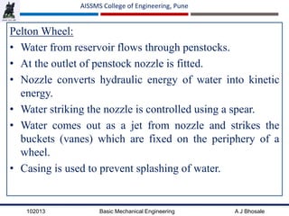 102013 Basic Mechanical Engineering A J Bhosale
AISSMS College of Engineering, Pune
Pelton Wheel:
• Water from reservoir flows through penstocks.
• At the outlet of penstock nozzle is fitted.
• Nozzle converts hydraulic energy of water into kinetic
energy.
• Water striking the nozzle is controlled using a spear.
• Water comes out as a jet from nozzle and strikes the
buckets (vanes) which are fixed on the periphery of a
wheel.
• Casing is used to prevent splashing of water.
 
