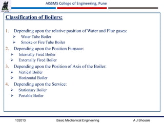 102013 Basic Mechanical Engineering A J Bhosale
AISSMS College of Engineering, Pune
Classification of Boilers:
1. Depending upon the relative position of Water and Flue gases:
 Water Tube Boiler
 Smoke or Fire Tube Boiler
2. Depending upon the Position Furnace:
 Internally Fired Boiler
 Externally Fired Boiler
3. Depending upon the Position of Axis of the Boiler:
 Vertical Boiler
 Horizontal Boiler
4. Depending upon the Service:
 Stationary Boiler
 Portable Boiler
 