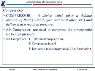 102013 Basic Mechanical Engineering A J Bhosale
AISSMS College of Engineering, Pune
Compressor:-
 COMPRESSOR – A device which takes a definite
quantity of fluid ( usually gas, and most often air ) and
deliver it at a required pressure.
 Air Compressor- are used to compress the atmospheric
air to high pressure.
 Air Compressor –1) Takes in atmospheric air,
2) Compresses it, and
3) Delivers it to a storage vessel ( i.e. Reservoir ).
 