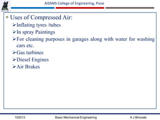 102013 Basic Mechanical Engineering A J Bhosale
AISSMS College of Engineering, Pune
 Uses of Compressed Air:
Inflating tyres /tubes
In spray Paintings
For cleaning purposes in garages along with water for washing
cars etc.
Gas turbines
Diesel Engines
Air Brakes
 