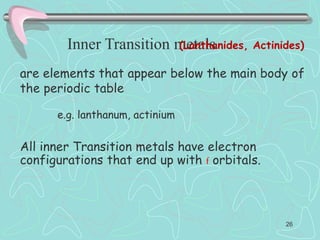 Inner Transition metals
are elements that appear below the main body of
the periodic table
All inner Transition metals have electron
configurations that end up with f orbitals.
e.g. lanthanum, actinium
(Lanthanides, Actinides)
26
 