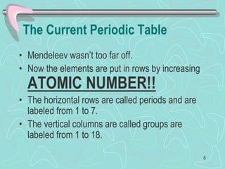 The Current Periodic Table
• Mendeleev wasn’t too far off.
• Now the elements are put in rows by increasing
ATOMIC NUMBER!!
• The horizontal rows are called periods and are
labeled from 1 to 7.
• The vertical columns are called groups are
labeled from 1 to 18.
5
 