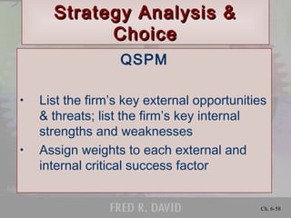 Ch. 6-58
Strategy Analysis &Strategy Analysis &
ChoiceChoice
QSPM
• List the firm’s key external opportunities
& threats; list the firm’s key internal
strengths and weaknesses
• Assign weights to each external and
internal critical success factor
 