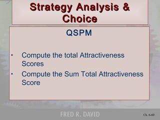 Ch. 6-60
Strategy Analysis &Strategy Analysis &
ChoiceChoice
QSPM
• Compute the total Attractiveness
Scores
• Compute the Sum Total Attractiveness
Score
 