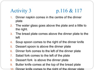 Activity 3 p.116 & 117
1. Dinner napkin comes in the centre of the dinner
plate
2. The water glass goes above the plate and a little to
the right.
3. The bread plate comes above the dinner plate to the
left
4. Soup spoon comes to the right of the dinner knife
5. Dessert spoon is above the dinner plate
6. Dinner fork comes to the left of the dinner plate
7. Salad fork comes to the left of the plate
8. Dessert fork is above the dinner plate
9. Butter knife comes at the top of the bread plate
 