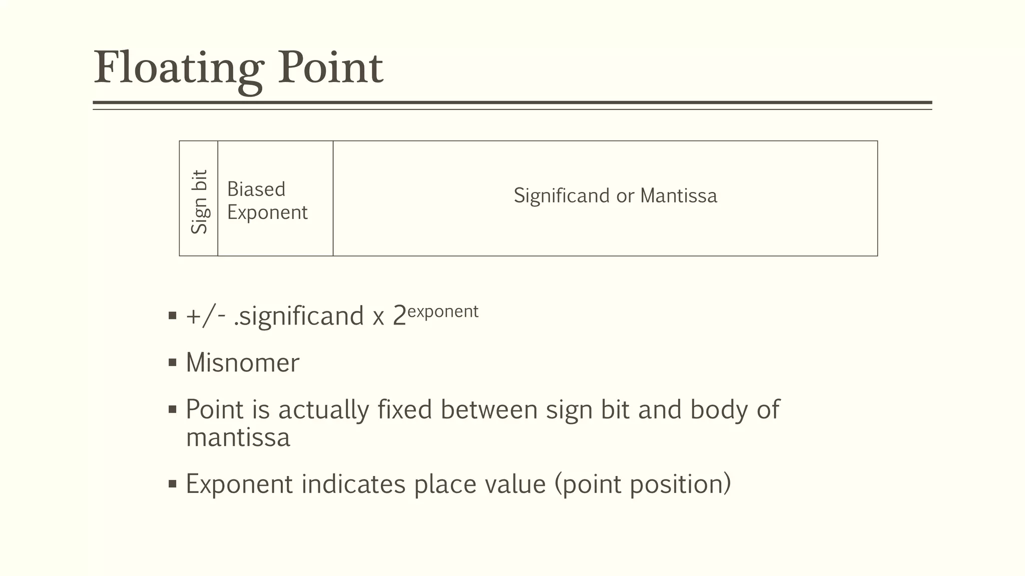 Floating Point
 +/- .significand x 2exponent
 Misnomer
 Point is actually fixed between sign bit and body of
mantissa
 Exponent indicates place value (point position)
Signbit
Biased
Exponent
Significand or Mantissa
 