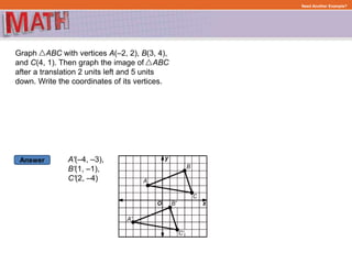 Answer
Need Another Example?
Graph ABC with vertices A(–2, 2), B(3, 4),
and C(4, 1). Then graph the image of ABC
after a translation 2 units left and 5 units
down. Write the coordinates of its vertices.
A'(–4, –3),
B'(1, –1),
C'(2, –4)
 