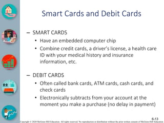 Copyright © 2020 McGraw-Hill Education. All rights reserved. No reproduction or distribution without the prior written consent of McGraw-Hill Education.
Smart Cards and Debit Cards
– SMART CARDS
• Have an embedded computer chip
• Combine credit cards, a driver’s license, a health care
ID with your medical history and insurance
information, etc.
– DEBIT CARDS
• Often called bank cards, ATM cards, cash cards, and
check cards
• Electronically subtracts from your account at the
moment you make a purchase (no delay in payment)
6-13
 