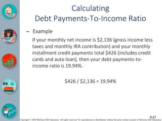 Copyright © 2020 McGraw-Hill Education. All rights reserved. No reproduction or distribution without the prior written consent of McGraw-Hill Education.
Calculating
Debt Payments-To-Income Ratio
– Example
If your monthly net income is $2,136 (gross income less
taxes and monthly IRA contribution) and your monthly
installment credit payments total $426 (includes credit
cards and auto loan), then your debt payments-to-
income ratio is 19.94%.
$426 / $2,136 = 19.94%
6-21
 