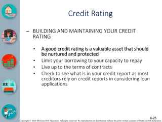 Copyright © 2020 McGraw-Hill Education. All rights reserved. No reproduction or distribution without the prior written consent of McGraw-Hill Education.
Credit Rating
– BUILDING AND MAINTAINING YOUR CREDIT
RATING
• A good credit rating is a valuable asset that should
be nurtured and protected
• Limit your borrowing to your capacity to repay
• Live up to the terms of contracts
• Check to see what is in your credit report as most
creditors rely on credit reports in considering loan
applications
6-25
 