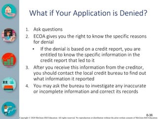 Copyright © 2020 McGraw-Hill Education. All rights reserved. No reproduction or distribution without the prior written consent of McGraw-Hill Education.
What if Your Application is Denied?
1. Ask questions
2. ECOA gives you the right to know the specific reasons
for denial
• If the denial is based on a credit report, you are
entitled to know the specific information in the
credit report that led to it
3. After you receive this information from the creditor,
you should contact the local credit bureau to find out
what information it reported
4. You may ask the bureau to investigate any inaccurate
or incomplete information and correct its records
6-36
 