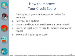Copyright © 2020 McGraw-Hill Education. All rights reserved. No reproduction or distribution without the prior written consent of McGraw-Hill Education.
How to Improve
Your Credit Score
1. Get copies of your credit report — review for
accuracy
2. Pay your bills on time
3. Understand how your credit score is determined
4. Learn the legal steps to take to improve your credit
report
5. Beware of credit-repair scams
6-37
 