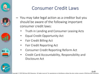 Copyright © 2020 McGraw-Hill Education. All rights reserved. No reproduction or distribution without the prior written consent of McGraw-Hill Education.
Consumer Credit Laws
– You may take legal action as a creditor but you
should be aware of the following important
consumer credit laws:
• Truth in Lending and Consumer Leasing Acts
• Equal Credit Opportunity Act
• Fair Credit Billing Act
• Fair Credit Reporting Act
• Consumer Credit Reporting Reform Act
• Credit Card Accountability, Responsibility and
Disclosure Act
6-45
 