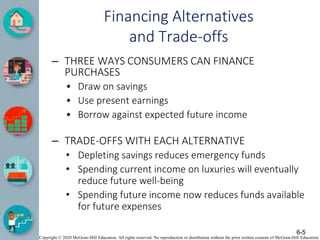 Copyright © 2020 McGraw-Hill Education. All rights reserved. No reproduction or distribution without the prior written consent of McGraw-Hill Education.
Financing Alternatives
and Trade-offs
– THREE WAYS CONSUMERS CAN FINANCE
PURCHASES
• Draw on savings
• Use present earnings
• Borrow against expected future income
– TRADE-OFFS WITH EACH ALTERNATIVE
• Depleting savings reduces emergency funds
• Spending current income on luxuries will eventually
reduce future well-being
• Spending future income now reduces funds available
for future expenses
6-5
 