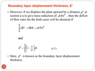  However, if we displace the plate upward by a distance at
section a-a to give mass reduction of , then the deficit
of flow rates for the both cases will be identical if
 Here, is known as the boundary layer displacement
thickness.
11
Boundary layer displacement thickness, δ*
(6.2)
 