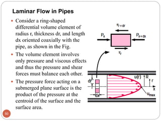  Consider a ring-shaped
differential volume element of
radius r, thickness dr, and length
dx oriented coaxially with the
pipe, as shown in the Fig.
 The volume element involves
only pressure and viscous effects
and thus the pressure and shear
forces must balance each other.
 The pressure force acting on a
submerged plane surface is the
product of the pressure at the
centroid of the surface and the
surface area.
50
Laminar Flow in Pipes
 